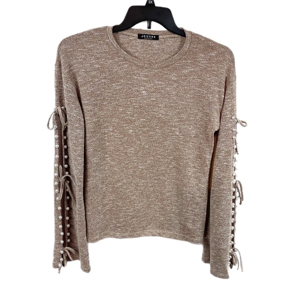 Oeuvre Sweaters - Oeuvre Split Flared Sleeve Pearl Embellished Taupe Sweater S Marled